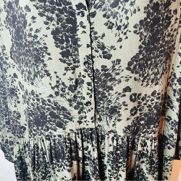 Hinge Long Sleeve Relaxed Floral Drop Waist Mesh Shoulder Dress Green Black S - Picture 7 of 10